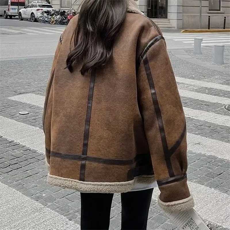 2024 Autumn/Winter New Lamb wool Coat Womens Short Loose Long Sleeve Vintage Motorcycle Thicken Jacket Top Female Warm OutwearX241018