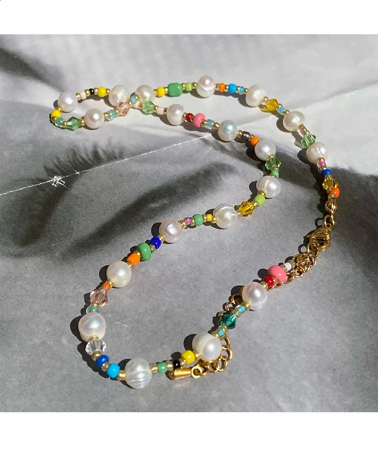 Brass Natural Freshwater Pearl Colored Bead Necklace Womens Jewelry Punk Runway Dress Bohemian Japan Korea 241018