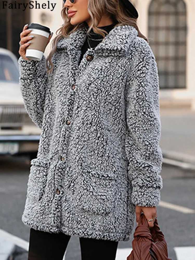 FairyShely 2024 Winter Women Single Breasted Jacket Thick Plush Hooded Warm Long Sleeve Long Coat Soft Solid Cardigan Lady CoatX241018