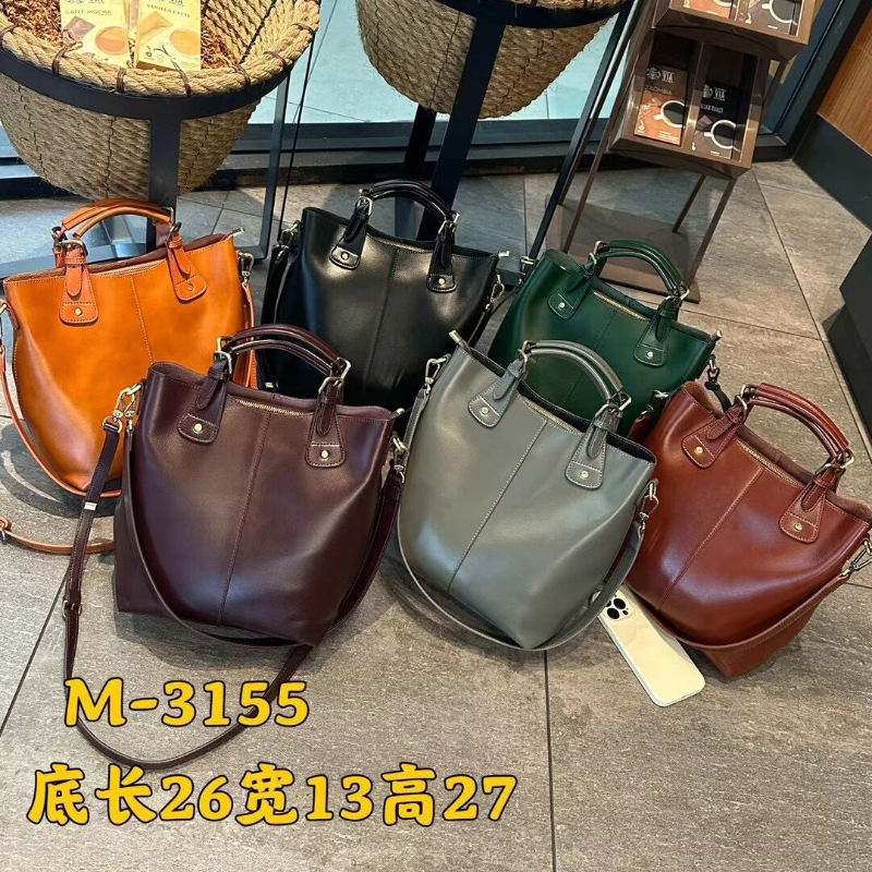 2024 Retro Vegetable Tanned Skin Bucket Tote Green Coffee All-Match Women's Handbag Big Cow Leather Shoulder Bag 2 Straps
