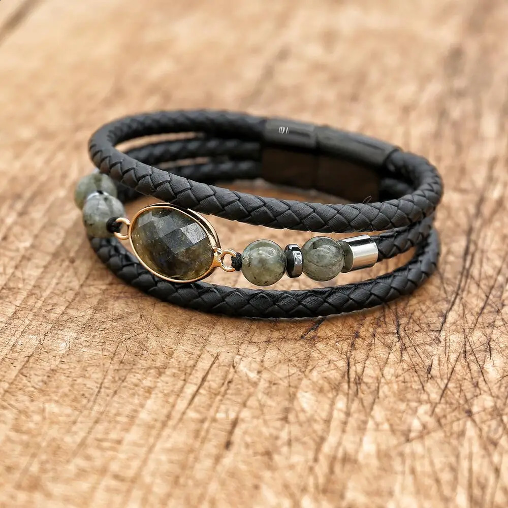 Fashionable Natural Labrador Stone Multi functional Leather Bracelet for Womens Charm Stainless Steel Magnetic Buckle Packaging Bracelet Gift 241018