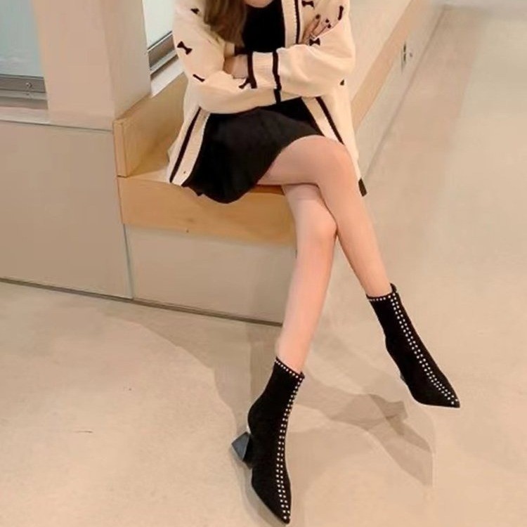 Women Fashion Pointed Toe Martin Boots High Chunky Heel Design Sense Triple Black fashion