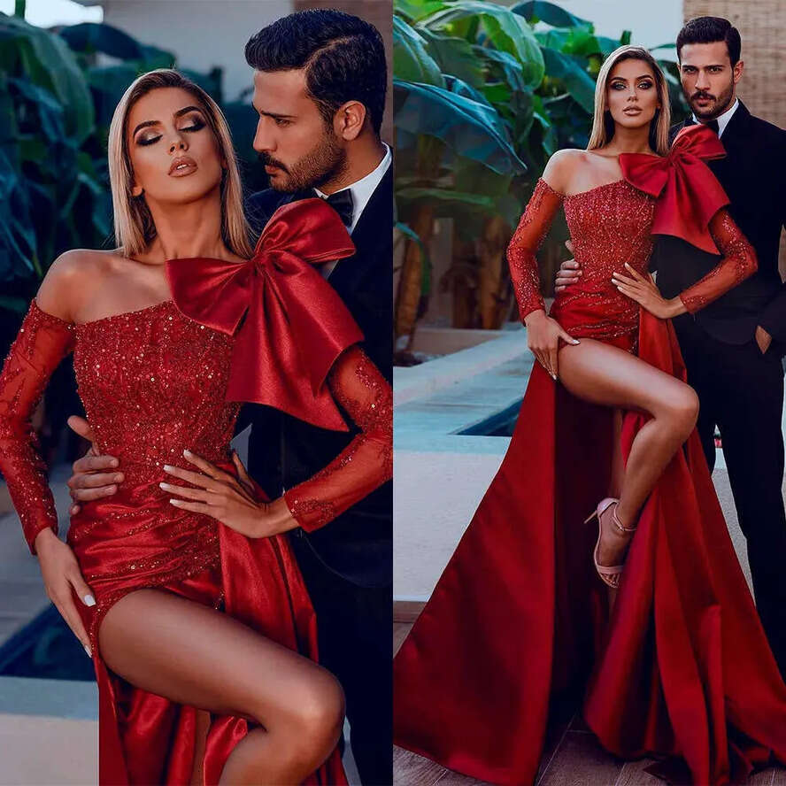 Red Wedding Thigh Sleeve High Dress With Long Slits One Shoulder Applique Lace Bow Formal Ocn Custom Made Or Length