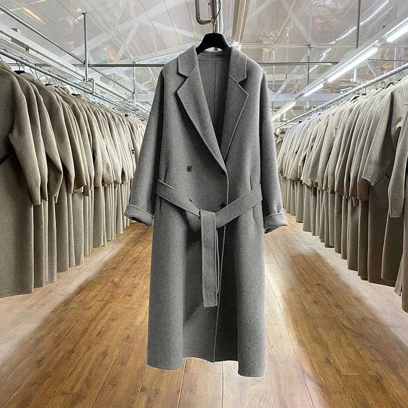 2023 Winter Korean Handmade Double Breasted Long 100% Wool Coat Women Casual Loose Lacing Belt Woolen Overcoat OversizedX241009