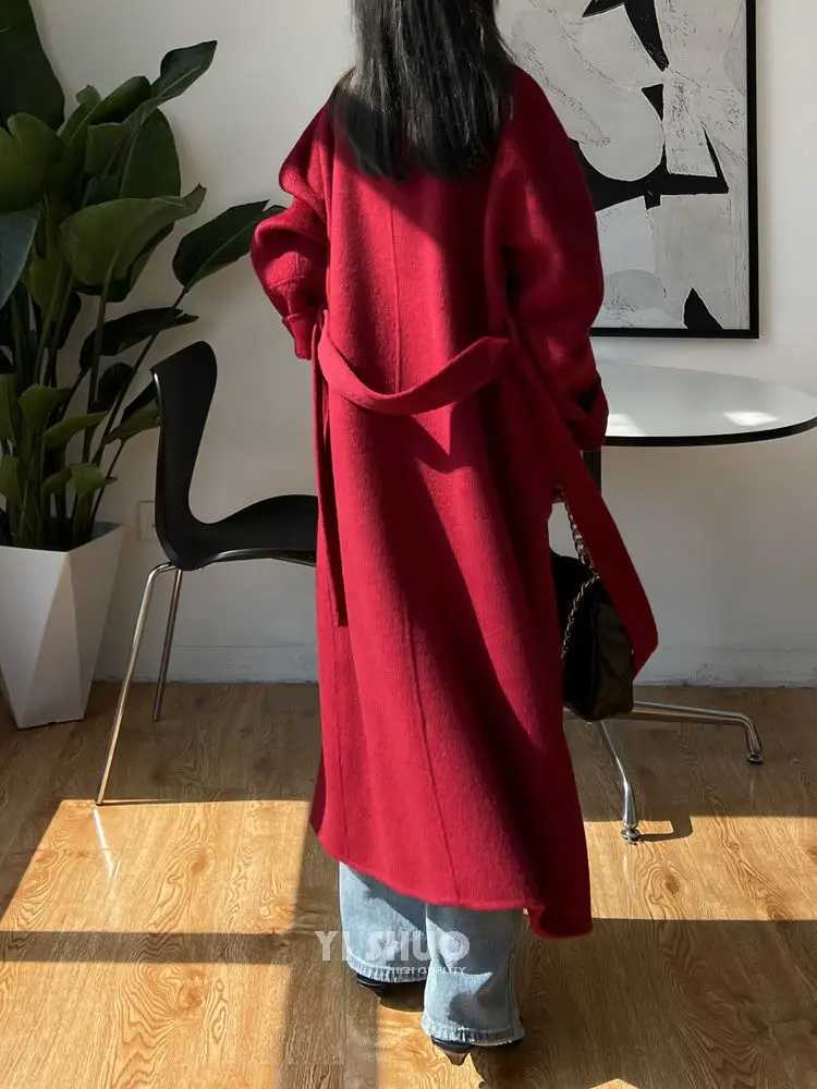 DFDG Autumn And Winter New Solid Color Green Fruit Collar Strap Fashion Simple Long Sleeve Woolen Coat For Women 2024X241009