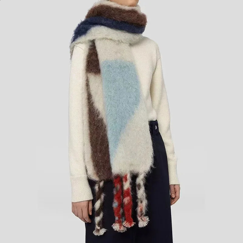 Mohair Contrast Gradient Scarf Thickened Tassel Colorful Fashion Couple Neckband Kawaii Winter Warm Cashmere Scarf Accessories 241009