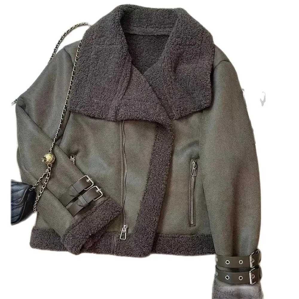 Fashion Lapel Lamb Wool Leather Jacket Women 2024 Winter Long Sleeve Zipper Thickened Coat Casual Chic Female Warm OuterwearX241018