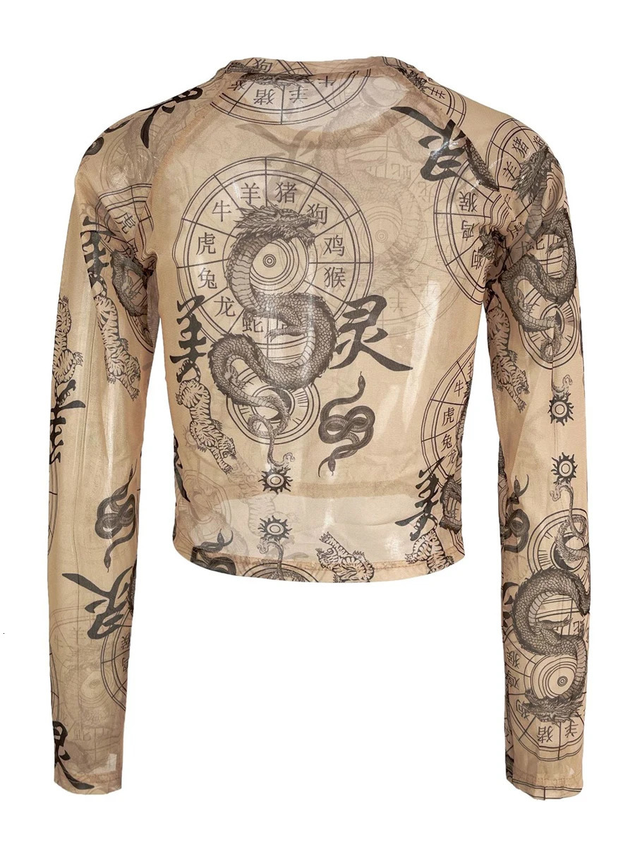 Womens Sheer Mesh Tops Spring Fall Fashion Long Sleeve Crew Neck Dragon Print Slim Fit TShirts Basic Blouses 2000s Streewear 241018