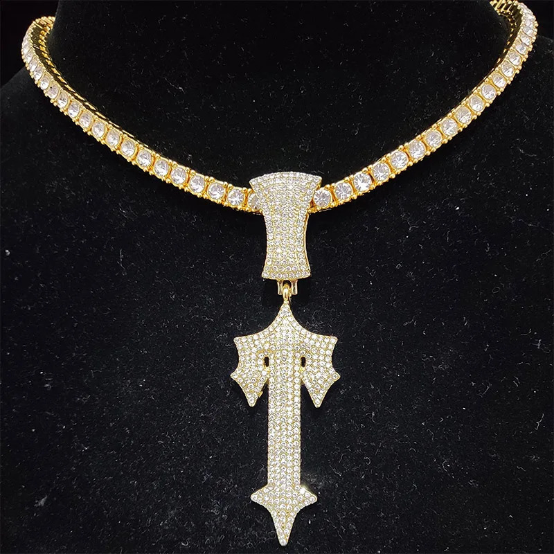 Mens Hip Hop Letter Iced Cross Sword Necklace 4mm Zircon Tennis Chain Hip Hop Pendant Necklace Charm Jewelry 241018