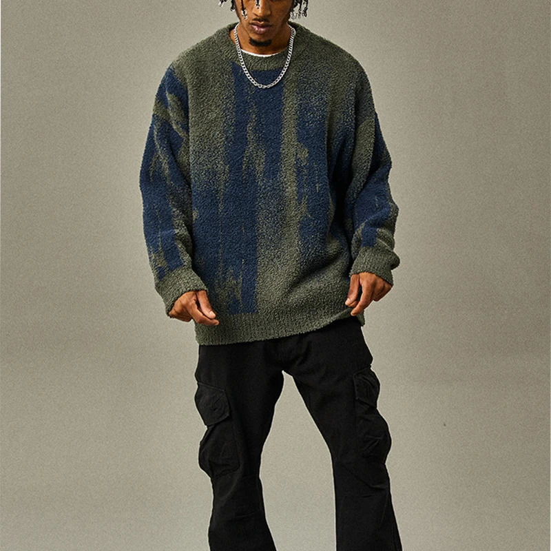 Vintage O Neck Knitting Sweaters Mens Long Sleeve Loose Furry Wool Sweater Tops For Men Fall Winter Fashion Fleece Jumpers 241018