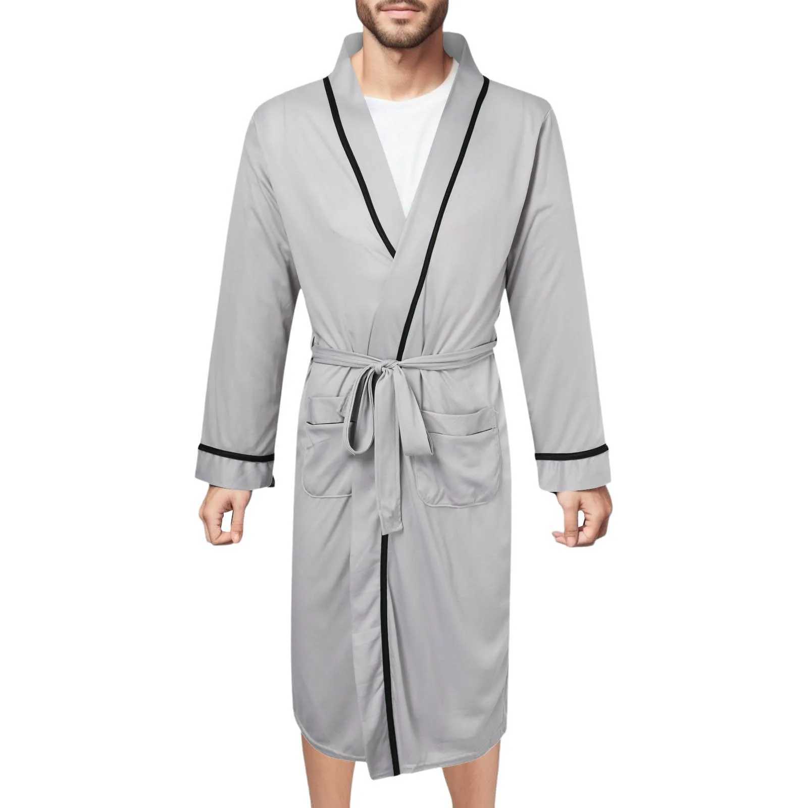 Mens Cotton Bathrobe Spring And Summer Solid Color Lace-Up Mens Pajamas Home Wear Long Sleeve Male Bathrobe Dressing Night GownXJ241018