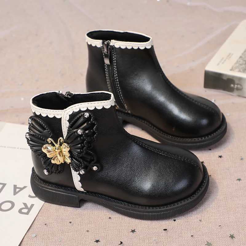 Boots Girls Fashion Butterfly Boots Elegant Kids Short Leather Boots Chic Children Swt Princess Boots Round-toe Anti-Slippery 2024 H241018