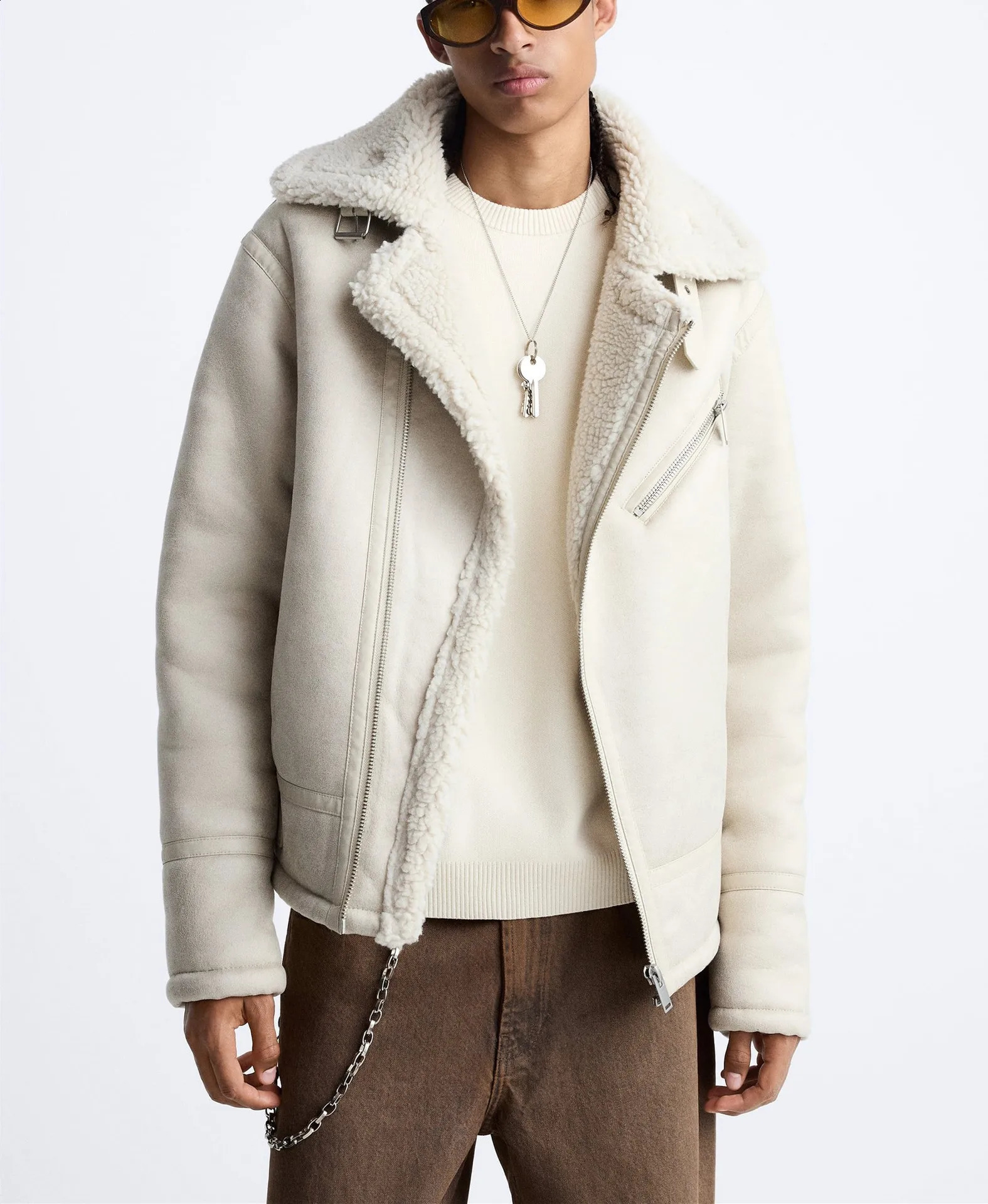 Warm winter high-quality collar suede tube double-sided motorcycle punk mens warm winter leather jacket 241007