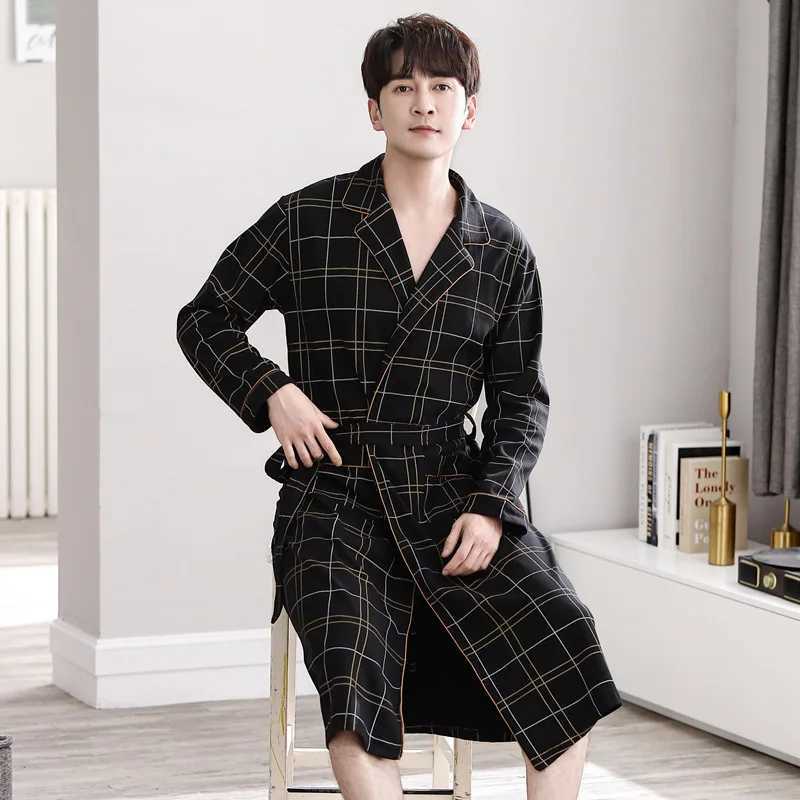 Mens Casual Plaid Long Nightgown Kimono Bathrobe Gown Cotton V-neck Intimate Lingerie Long Sleeve Spa Robes Sleepwear For MaleXJ241018