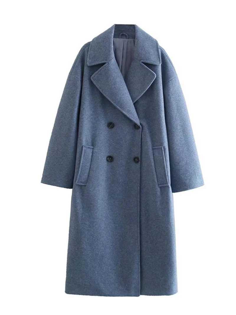 Women Oversize Lapel Double Breasted Woolen Coat Female Fashion Long Sleeves Wool Jacket 2022 Winter Warm Loose Commute OvercoatX241009