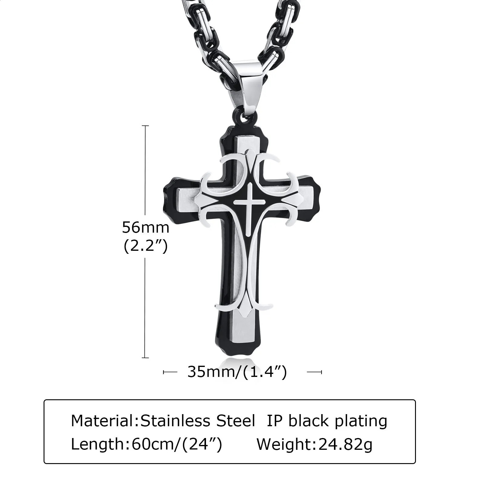 Vnox Mens Cross Necklace with 4MM Byzantine Chain Punk Rock Stainless Steel Catholic Cross Pendant Religious Jewelry 241018