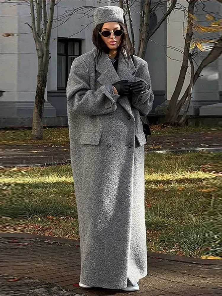 Fashion Turn Down Collar Coat Women Autumn Winter Elegant Long Sleeve Lady Long Coats Chic Pocket Female Double Breasted JacketX241009