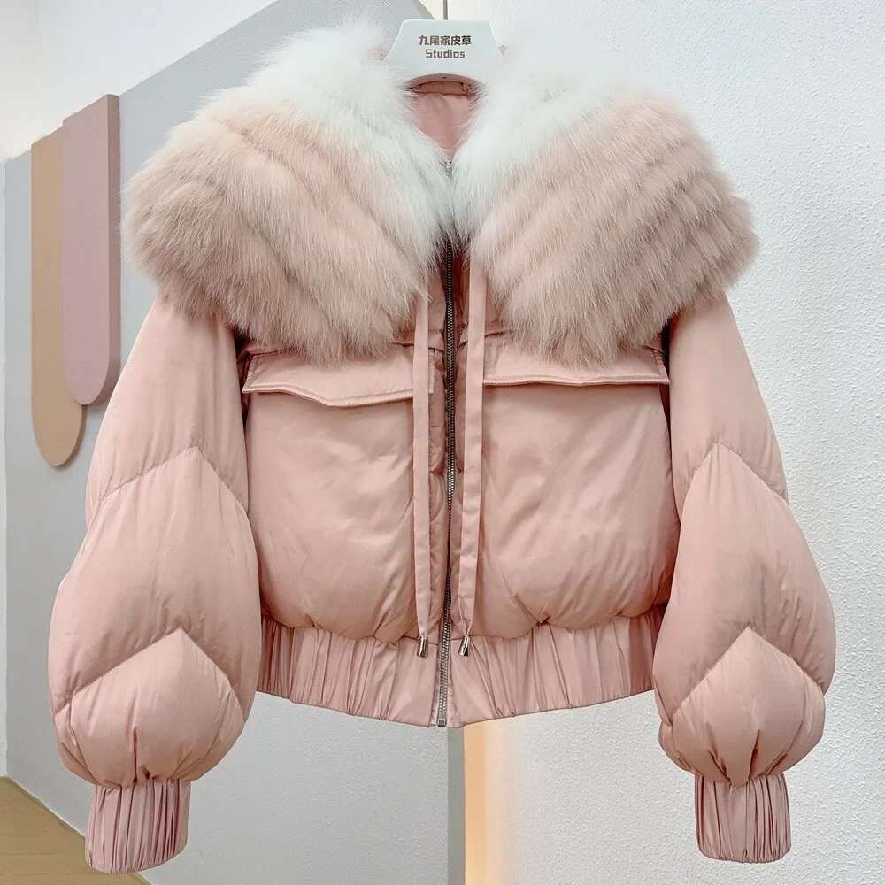 White Goose Down Real Fox Collar Coat Thick Parka Loose Natural Fur Jacket Fashion 2024 New Winter Women
