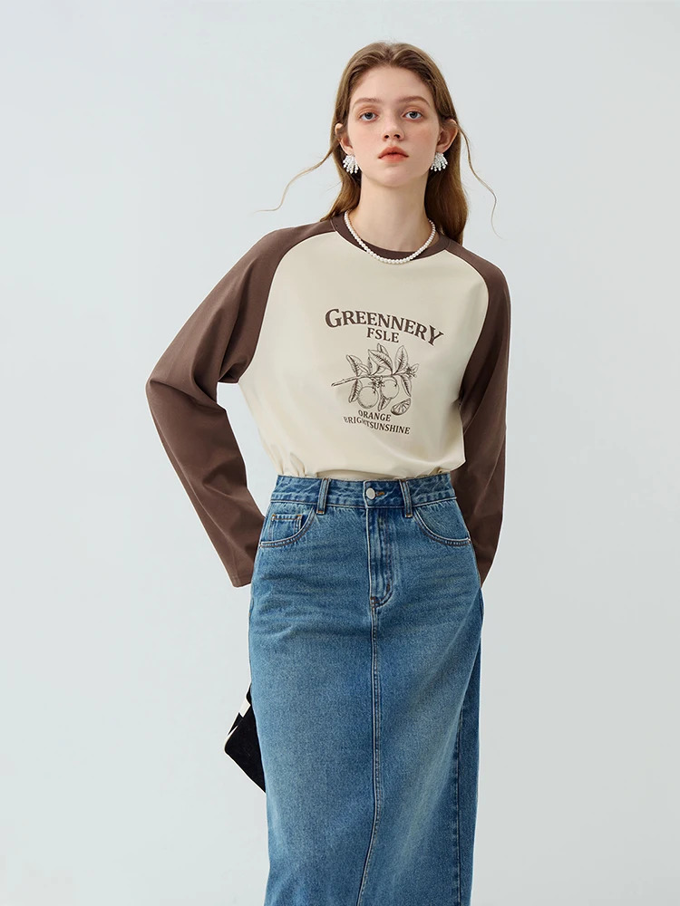 FSLE Contrasting Raglan Sleeve Print Long Women Top Autumn Casual Round Neck Female Tshirts 241018