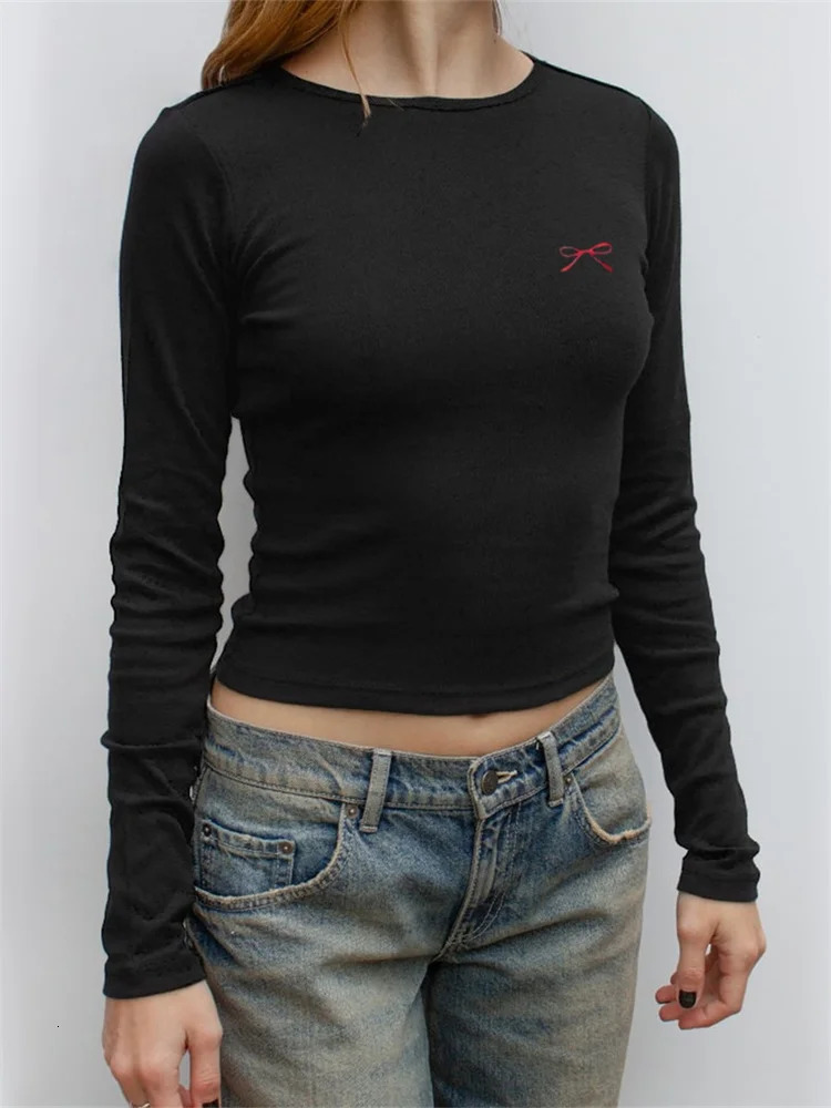 CHRONSTYLE Women TShirts Crop Tops Slim Fit Round Neck Long Sleeve Bow Embroidery Ribbed Tees Shirt Summer Fall Streetwear 241018