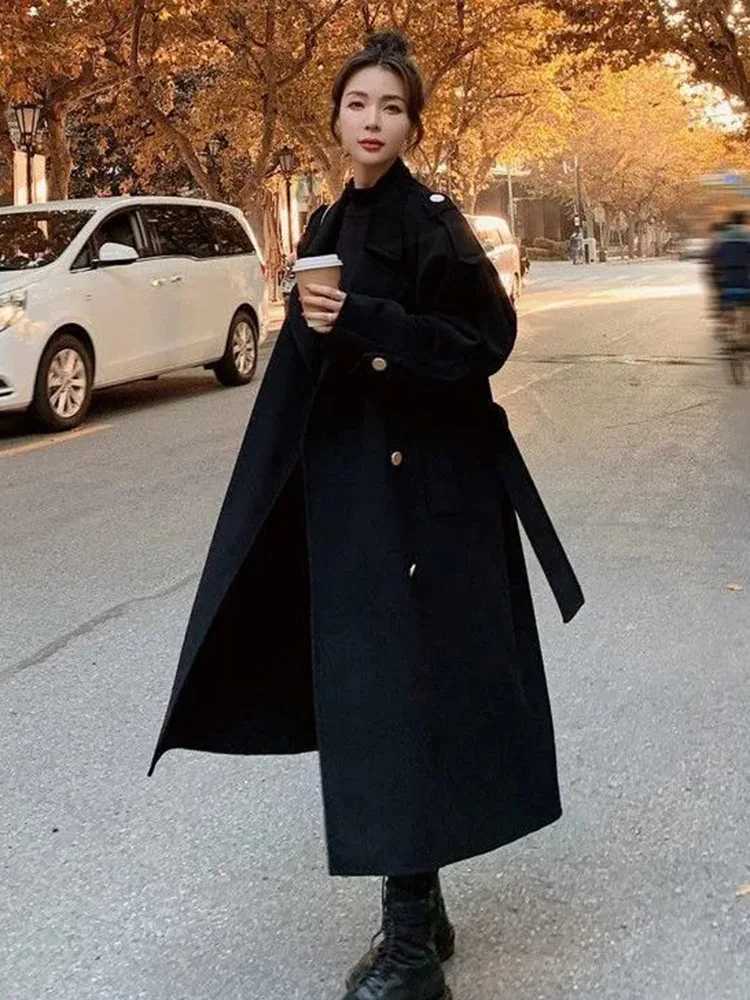 Streetwear Winter Length Woolen Coat Loose Warm Double Breasted Solid Oveercoat Thick Korean Wool Blend New Women OuterwearX241009