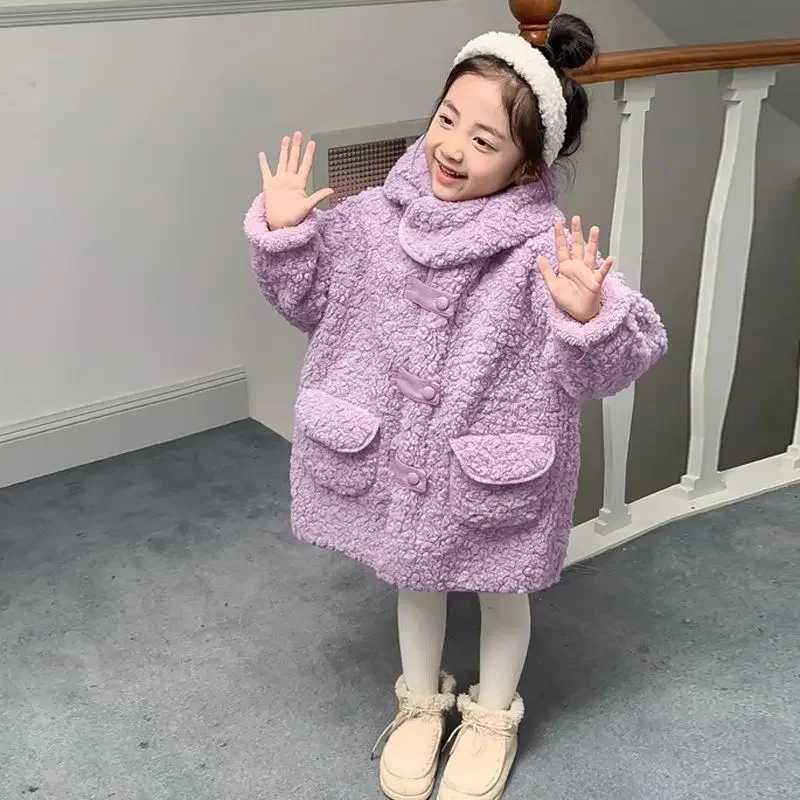 Womens plush jacket wool autumn and winter thick and fashionable medium length cashmere hoodie simple purple M241018