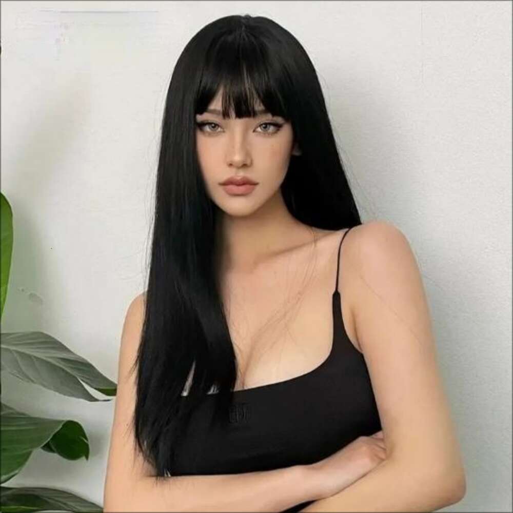 Black Synthetic Wig Women Long Straight Natural Bangs Hair Daily Party Wear Heat Resistant Full Head Cover
