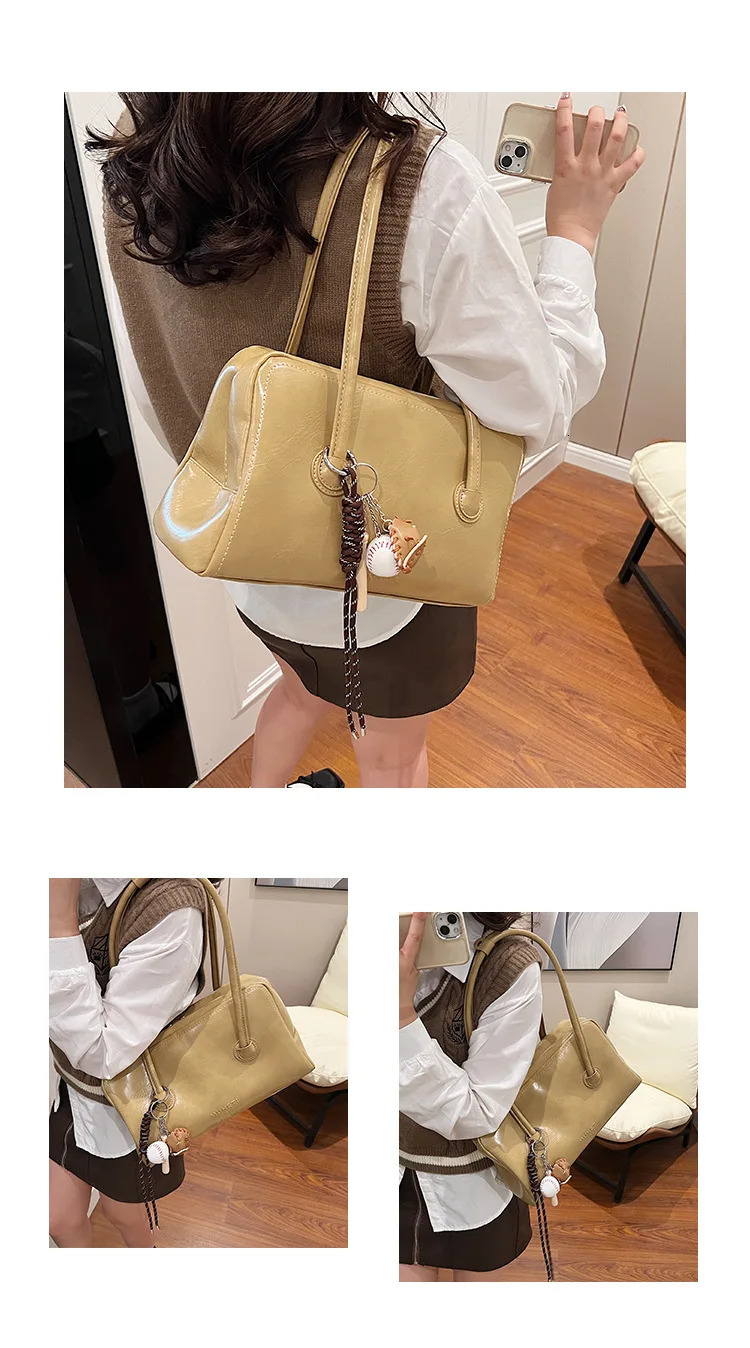 Brand Designer Oil PU Leather Pleated Women's Shoulder Retro Chain Crossbody Bag Large Boston Bowg Handbag
