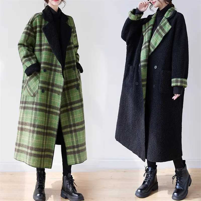 Oversized Womens Reversible Jacket Winter Plush Thickened Plaid Woolen Coat Vintage Long Loose Green Overcoat Windbreaker Z3460X241009