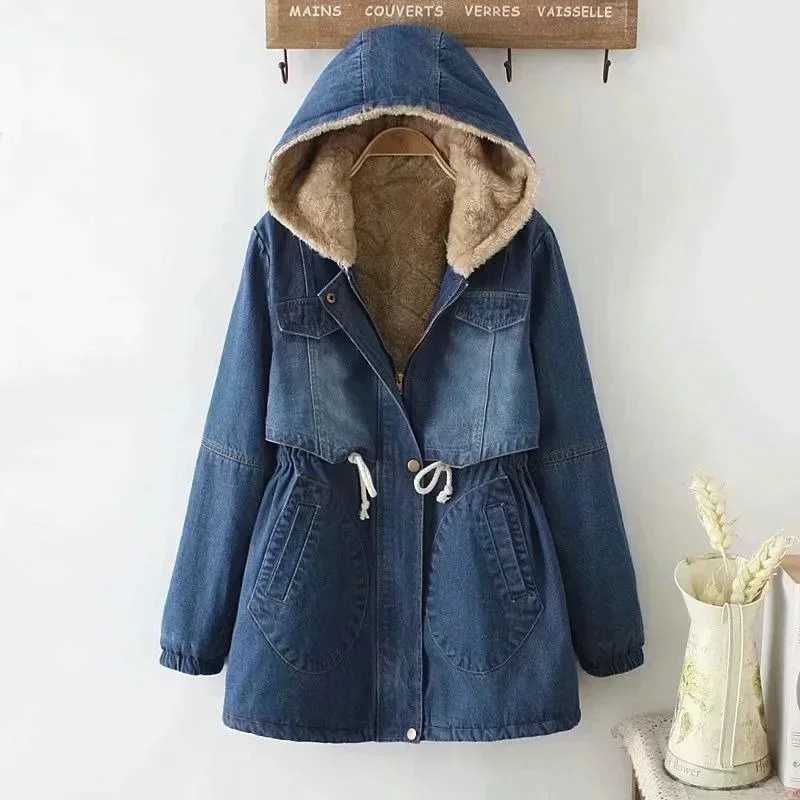 2024 New Winter Women Lamb Fur Parka Coat Warm Hooded Fur Denim Jacket Casual Jean Coat Female Thick Warm Denim Jacket X189X241018