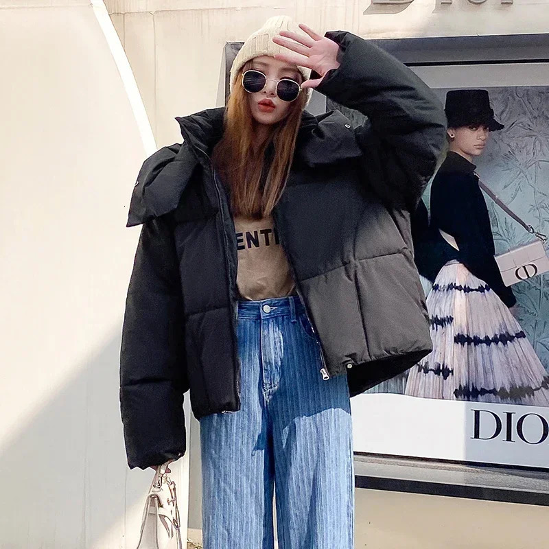 Winter Chic Hooded Down Cotton Puffer Parka Coats Women Loose Solid Thicken Warm Jacket Female Fashion Zippers Outwear 241018
