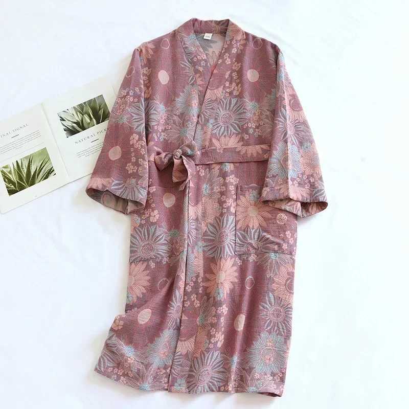 Womens Printed Cotton Loose Fitting Bathrobe Japanese Style Tie Up Kimono Bathrobe Sweat Steaming Cotton Pajamas Robes WomenXJ241018