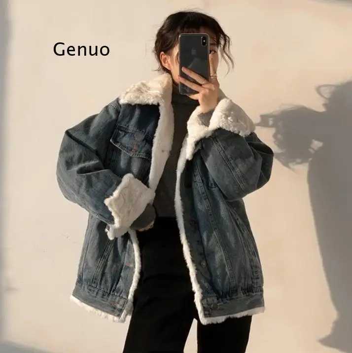 Winter Womens Lamb Wool Jean Jackets Coat Streetwear Thick Warm Baggy Tops Female Korean Fashion Denim Cropped Jackets OutwearX241018