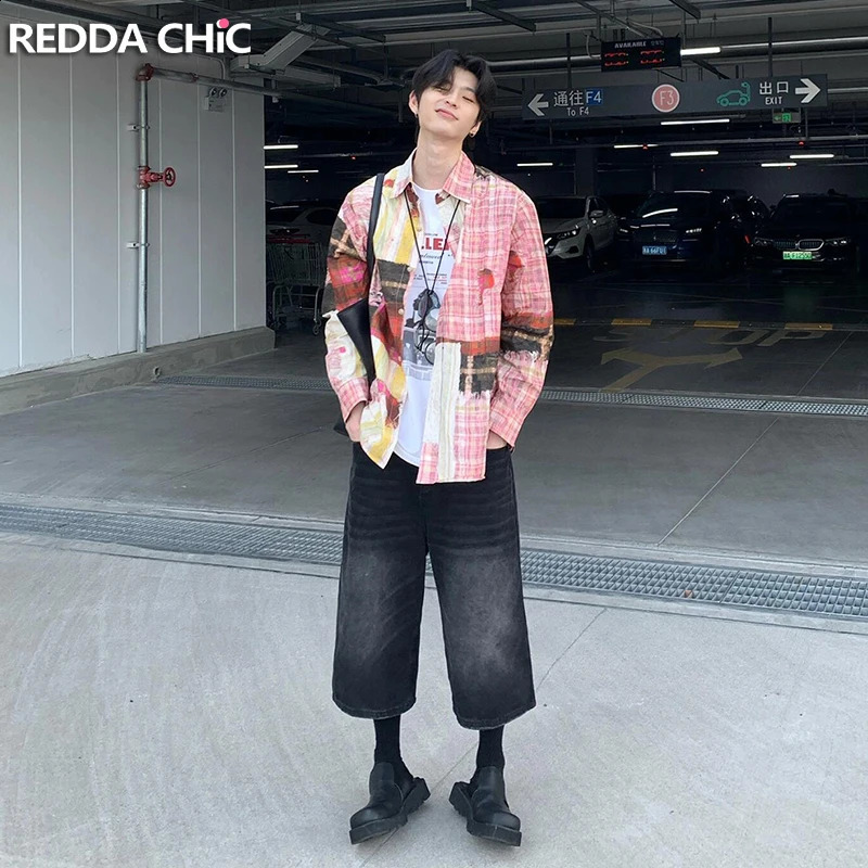 REDDACHiC Men Brushed Black Baggy Jeans Jorts Vintage Low Waist Whiskers Solid Loose Denim Shorts High Street Harajuku Clothes 241010