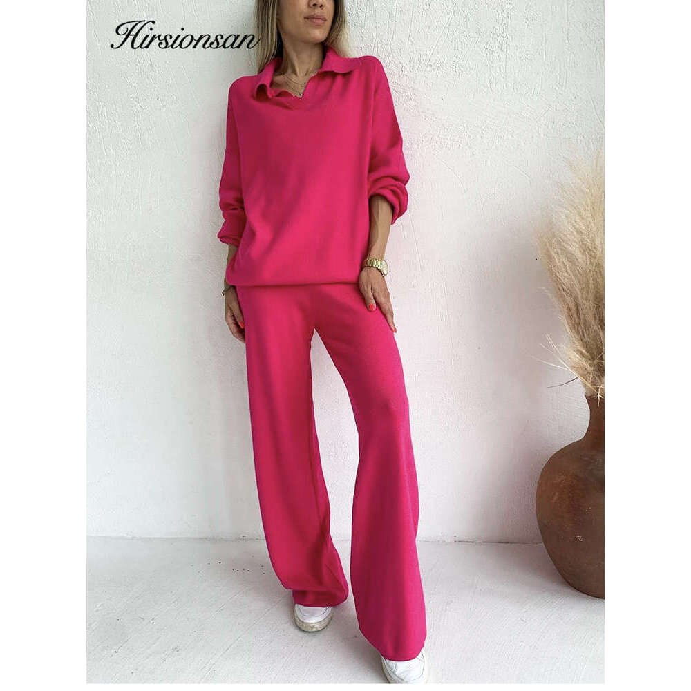 Hirsionsan Cashmere Turn Down Neck Knitted Sets Women 2023 Winter Casual Two Pieces Sweater And Pants Loose Outfits Tracuit