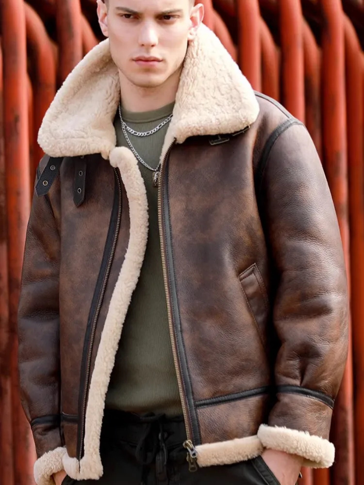 Classic Natural Real Fur Shearling Coat Men Zipper Streetwear Winter Warm Wool Mens Genuine Leather Pilot Motorcycle Jacket 241018