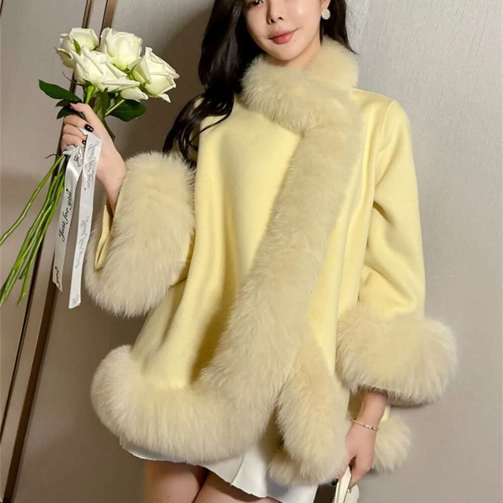 2024 New Women Autumn Long Sleeve Double Side White Woolen Cape Cloak Coat Real Fox Fur Collar And Cuff Casual Outerwear