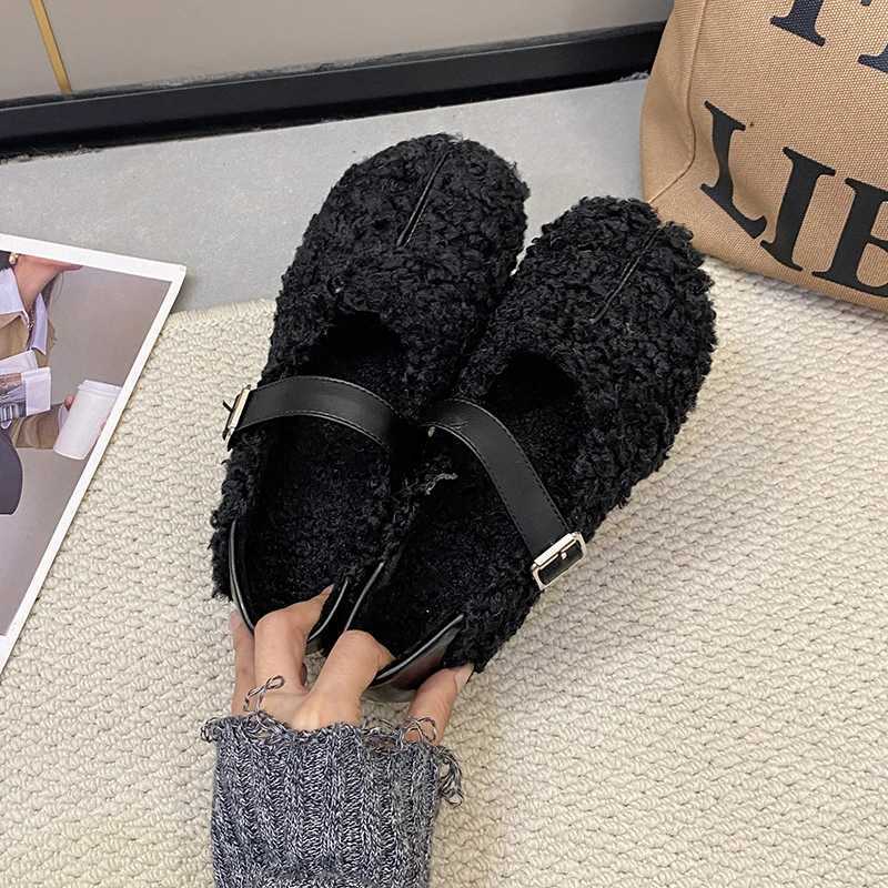 Shoes Woman Flats Loafers Fur Round Toe Autumn Casual Dress Moccasin Fall Winter Leisure Buckle Flock RubbXJ250319