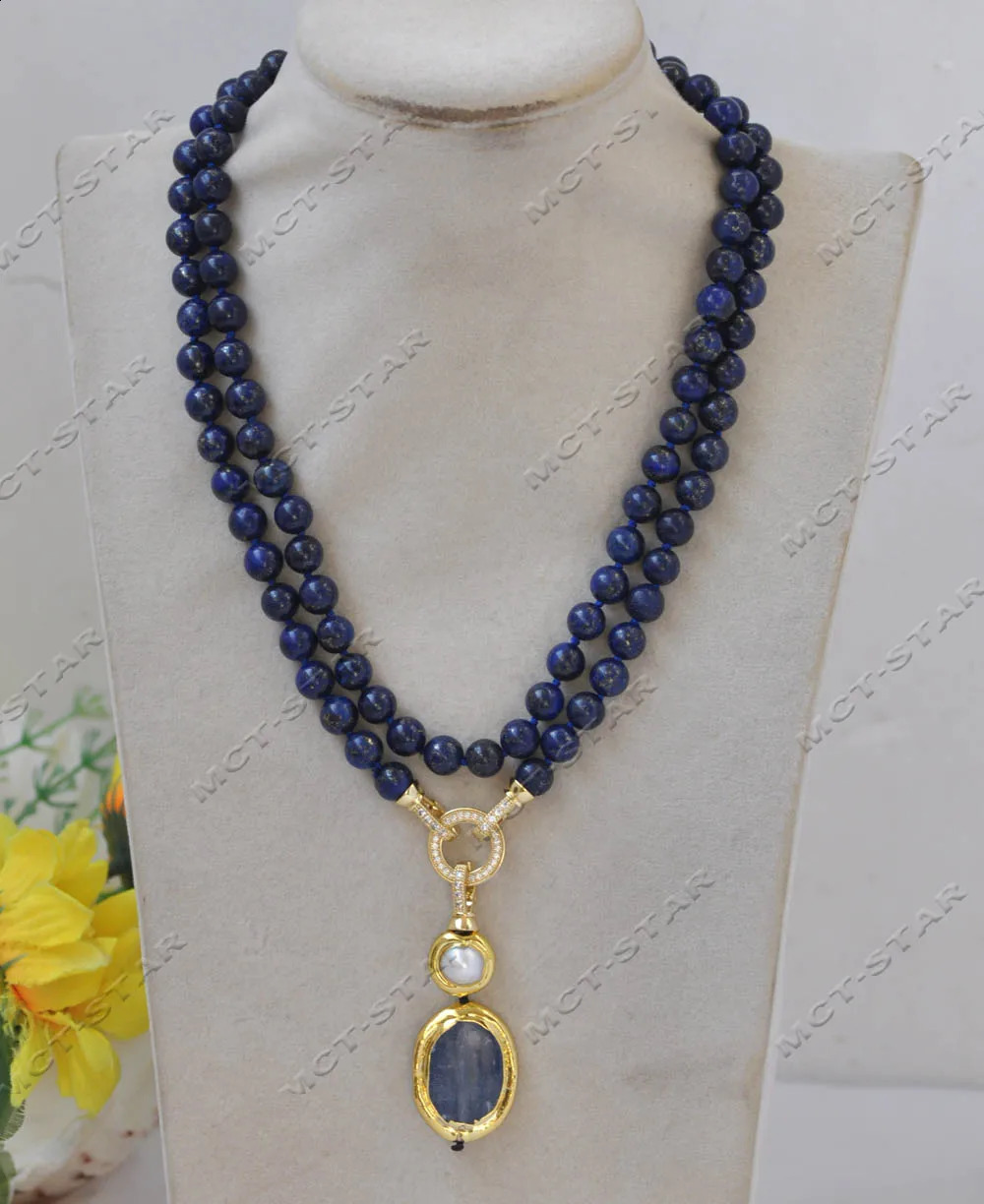 Z13029 32 natural round lapis lazuli lapis lazuli aquamarine gemstone pearl necklace plated with gold beads pendant 241017