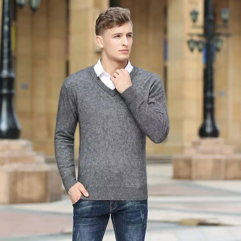 Autumn and winter pure mink cashmere sweater mens V-neck zipper thick plus size knitted bottom sweater 241018