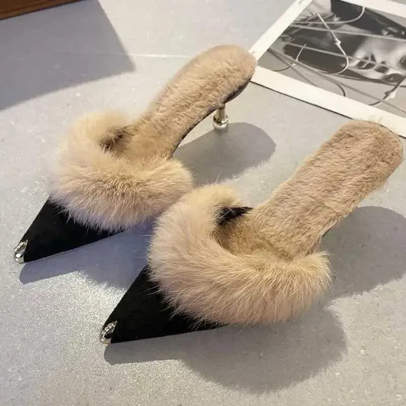 Fur Slippers Mules Pointed Toe Elegant High Heels Shoes Womens Autumn New Furry slipper Slides Flip ps Office Work Ytmtloy IndoorL464