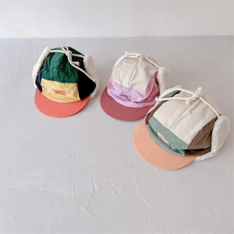 4-6Y Winter Kids Hat Corduroy Baseball Caps Fur Lining Patchwork Warm Hat 50-52CM LX241018