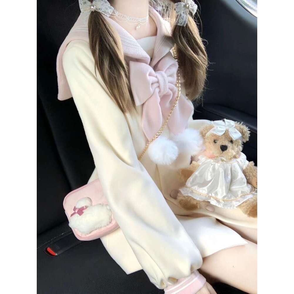 Sweet Bow Sailor Collar Black Tweed Coat Fashion All-Match Jk Jackets For Women 2024 Autumn New Long Sleeve Tops Mujer