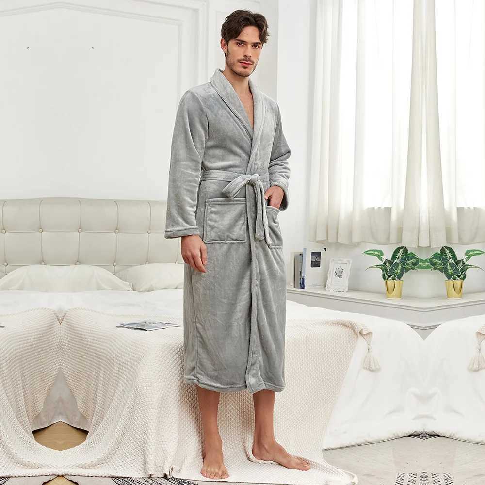 Mens Robe Flannel Kimono Nightwear Loose Winter Homewear Bathrobe Gown Shower Solid Color Sleepwear with Pocket LoungewearXJ241018