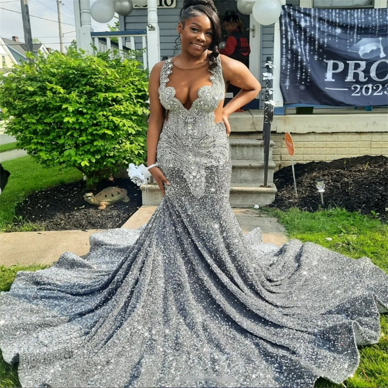 Silver Sparkly Prom Dresses Full Sequined Beaded Crystal Mermaid Evening Dress With Sweep Train Backless Formal Occasion Birthday Dress Shine Vestio D