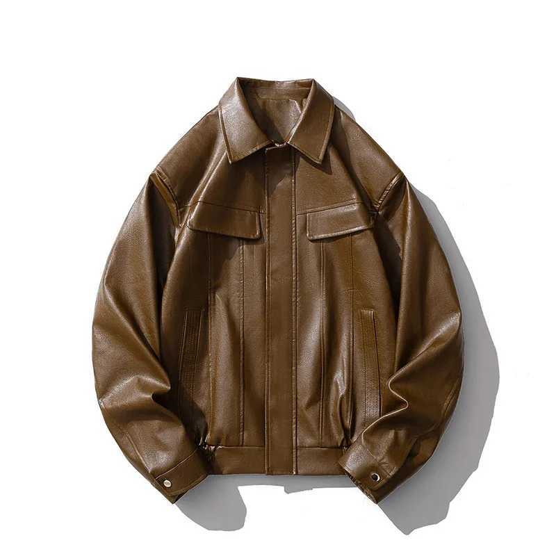 Mens artificial leather bomber jacket motorcycle lapel zipper bicycle jacket retro streetwear black brown jacket Y241018