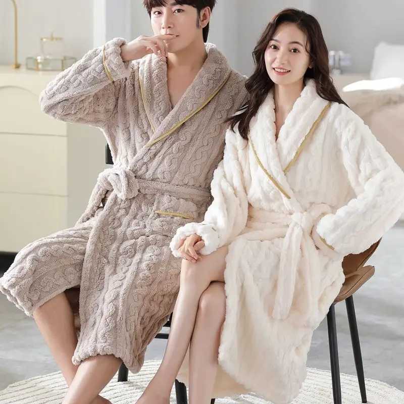 Nightgown Autumn Winter Mens and Womens Same Thickened Warm Coral Fleece Couple Bathrobe Two-Piece Set Four Seasons UniversalXJ241018