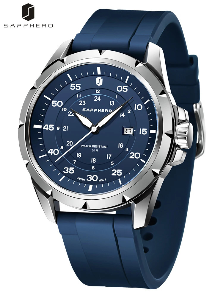SAPPHERO Mens Watch Top y Stainless Steel Silicone Quartz Date Waterproof 241009