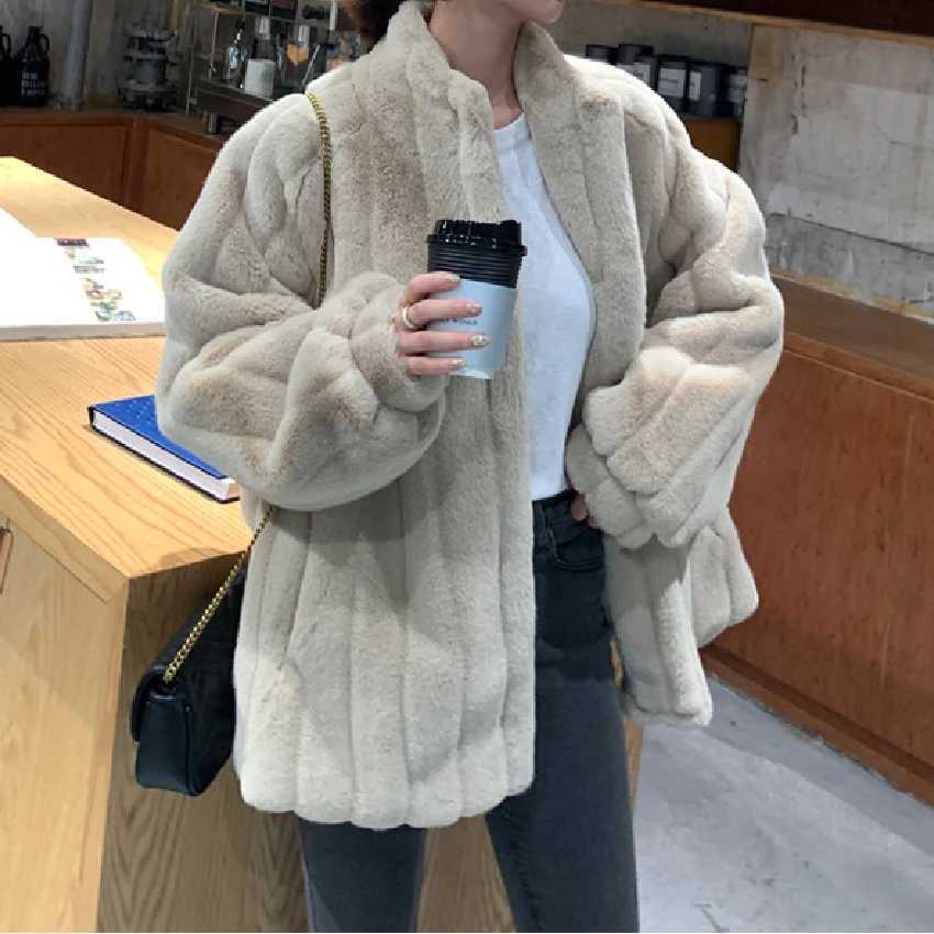 2024 Autumn Winter Faux Rabbit Fur for Women Medium Style Plushi Clothing Loose Lamb Wool Stand Collar Fur CoatX241018