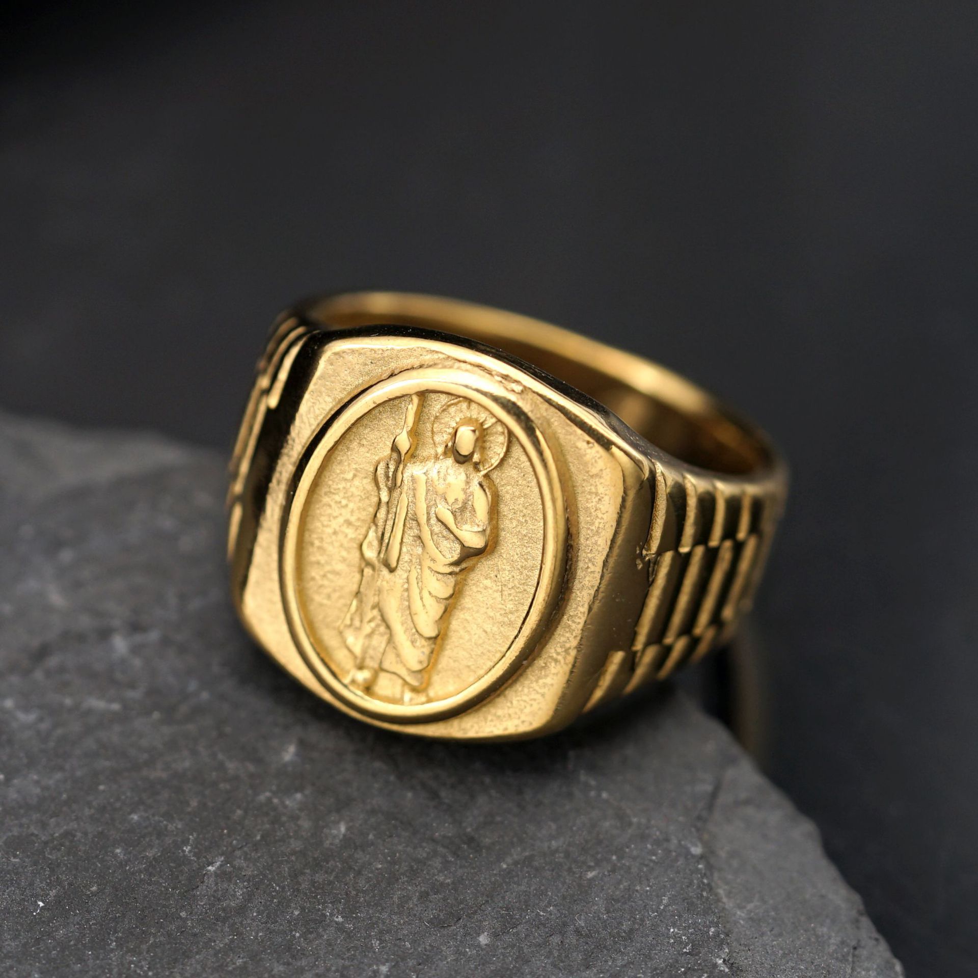 Stainless Steel Jesus Casting Ring 18k Gold Plated Mens Religious Jewelry